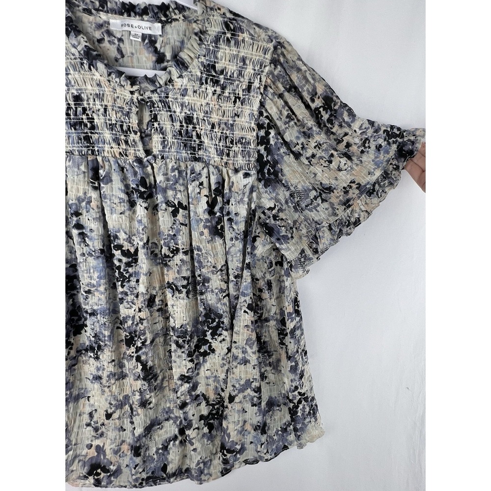 Rose + Olive 2X Floral Smocked Boho Blouse Ruffle Sleeve Cottagecore Peasant Top - Picture 7 of 11
